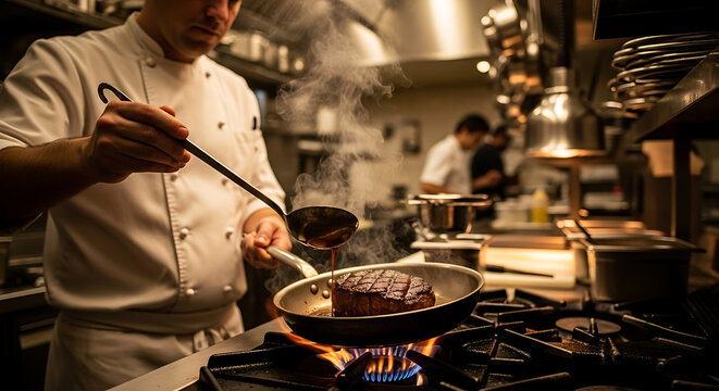 Chef cooking steak in pan on gas stove with steam in restaurant kitchen