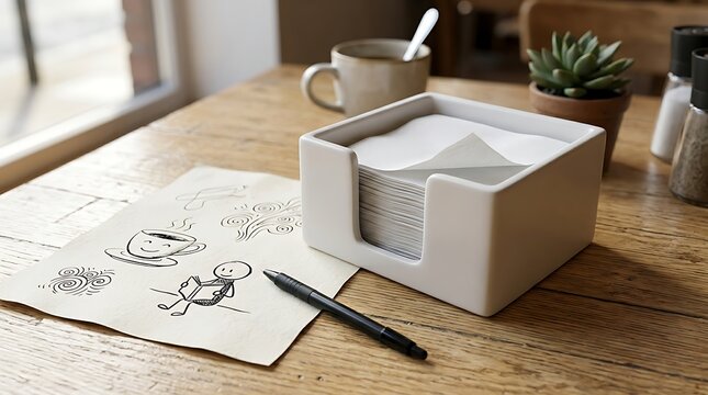 White Paper Napkin Holder Beside Doodle Drawing on Rustic Wooden Cafe Table