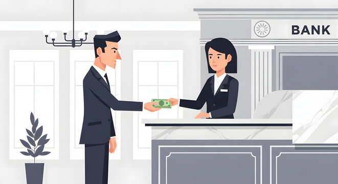 Businessman Making Cash Deposit at Bank Counter with Female Teller