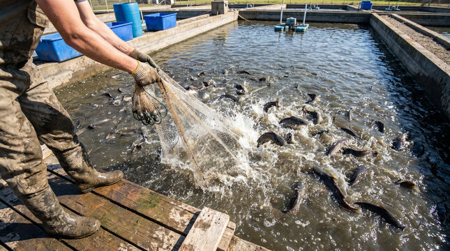 Worker catching fish with a net in an aquaculture farm