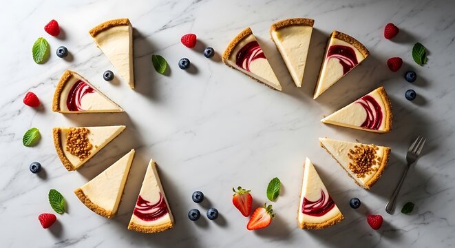 Delicious Slices of Cheesecake Arranged in a Circle with Berries and Mint