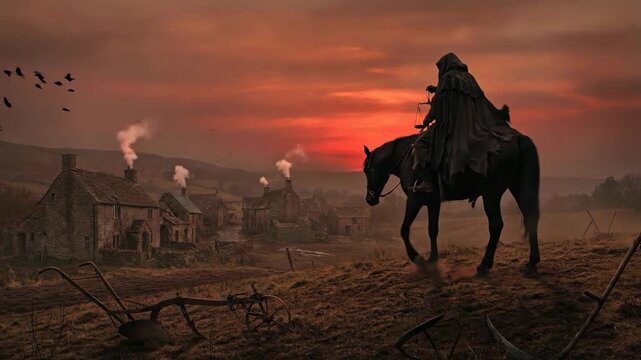 Man on horseback with scales riding near village at sunset. Biblical apocalyptic rider figure representing judgment or death in dramatic rural landscape atmosphere.