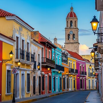 Colorful Colonial Street Lined with Historic Buildings and Church Tower at Dusk