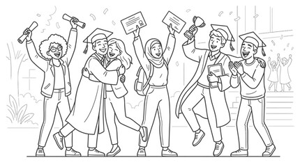 Obraz premium Group of joyful graduates celebrating with diplomas and confetti in a lively outdoor scene with a clean background.