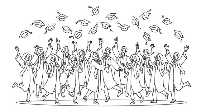 A line drawing of a diverse group of people in graduation attire throwing caps in the air on a white background with a celebratory mood.