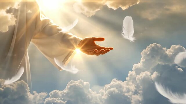 Jesus reaches out his hand in heaven with floating feathers. Divine grace and salvation concept. Religious scene with sunlight rays breaking through bright clouds.