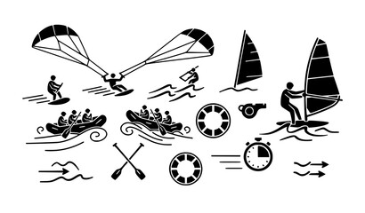 Black Extreme Water Adventure Icons Collection with Rafting Kitesurfing and Windsurfing Designs © BijoyChandra
