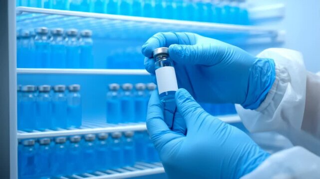 A gloved hand holds a vial of blue liquid in a laboratory.