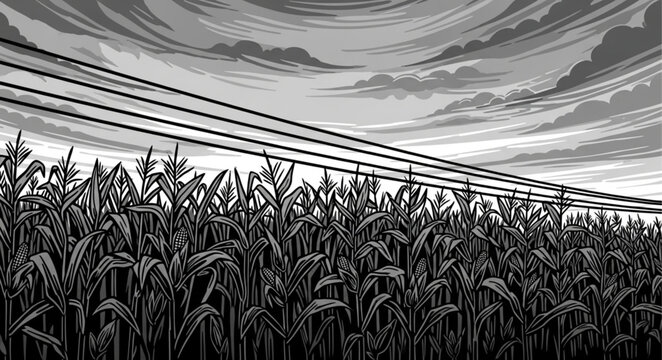 Cornfield Under Dramatic Stormy Sky with Power Lines.