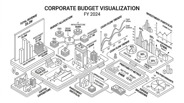 Corporate Budget Visualization FY 2024 Isometric Illustration.