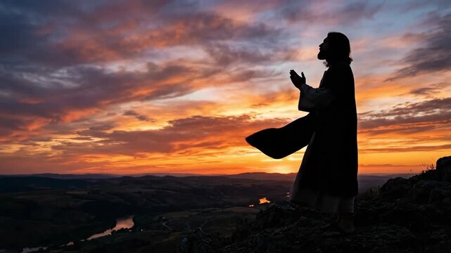 Jesus Christ standing on a mountain peak at sunset. Silhouette of a man praying against a fiery cloudy sky. Spiritual religious scene for christian inspiration.