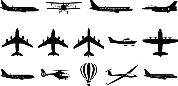 Collection of diverse aircraft silhouettes including airplanes, helicopter, hot air balloon, and glider in vector illustration