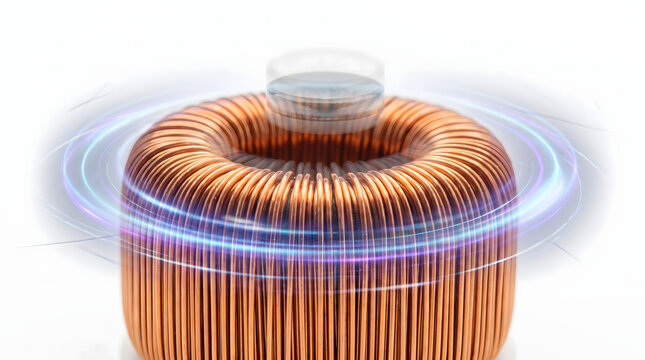 Illuminated copper coil generating an electromagnetic field, symbolizing electrical energy and advanced technology.