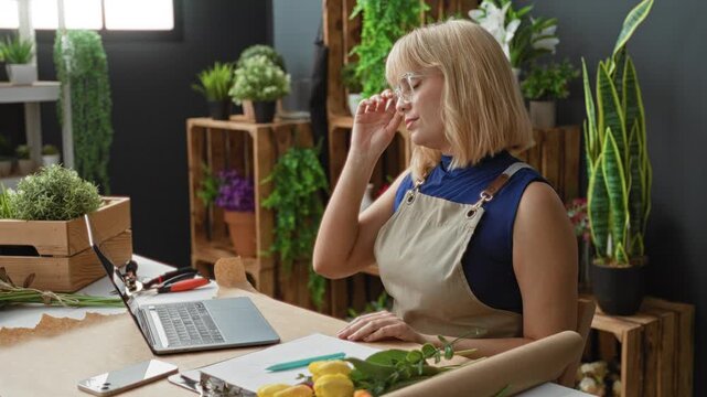 Woman florist, young blonde, in a plant-filled studio stretches her arms and smells a flower over a laptop on a wooden worktable with wrapping paper, pruning shears and clipboard; calm focus.