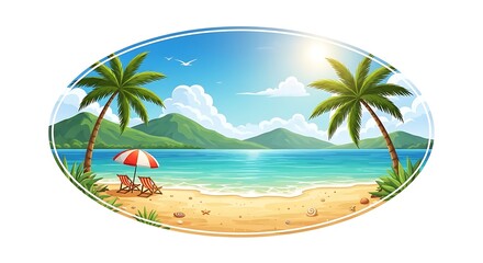 Obraz premium Sunny Tropical Beach Landscape with Palm Trees and Umbrella in Oval Frame