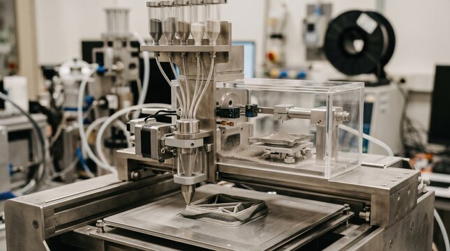 Medium shot of an additive manufacturing setup where a microdosing powder feeder is meticulously balancing fine powders for 3D printing.