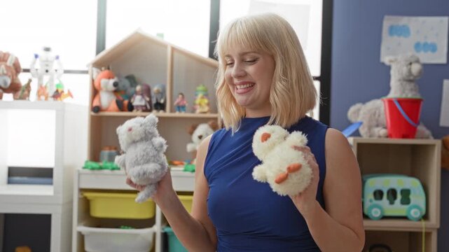 Woman holds a yellow plush chick and grey hand puppet while puppeteering and smiling in a classroom building; playful teaching joy.
