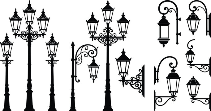 Elegant vintage street lamp and ornate lantern silhouette collection with decorative scrollwork for architectural and design concepts