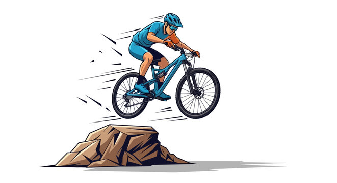 Man riding mountain bike off cliff.