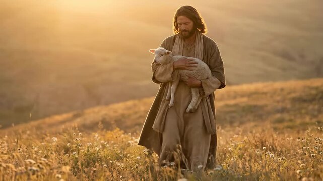 Jesus Christ holding a white lamb in a golden meadow. Religious figure walking through field, shepherd concept. Spiritual scene representing guidance and protection.
