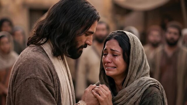 Jesus Christ comforts a crying woman in ancient Jerusalem. Crying woman finding solace in Jesus Christ. Biblical scene of compassion and hope in religious setting.