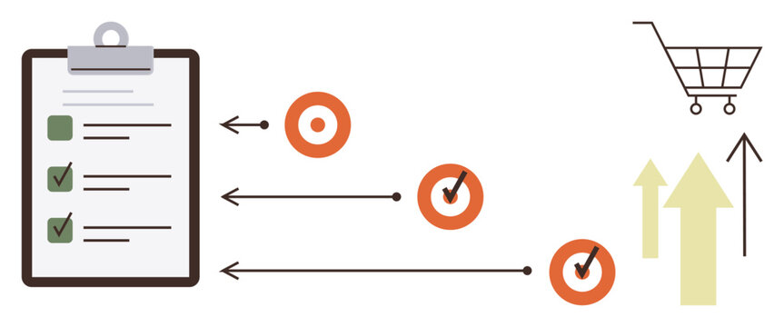 Goal setting, business success, workflow management, productivity, e-commerce, growth strategy. Checklist with green checkmarks, progress arrows targets and shopping cart. Goal setting and business