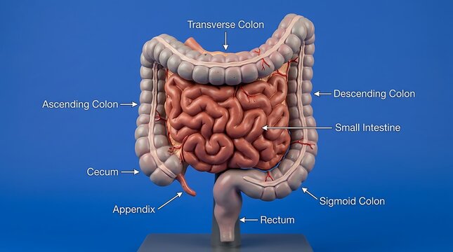 Detailed Human Digestive System Model Labeled on Blue Educational Background