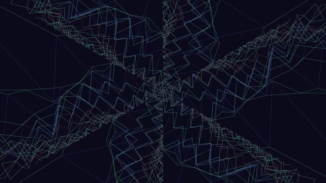 Abstract geometric pattern with converging lines in shades of teal and blue creating a kaleidoscopic effect digital art design