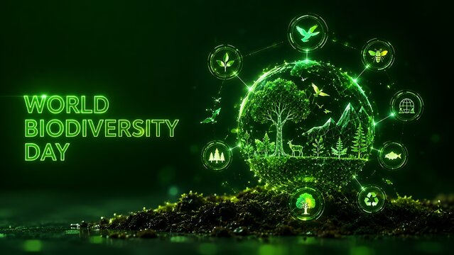 World biodiversity day concept with a glowing green earth full of trees and icons representing life and sustainability, international day for biological diversity, world environment day
