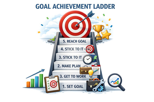 A motivational illustration of a person climbing a goal achievement ladder with a target and steps to success in a colorful workspace.