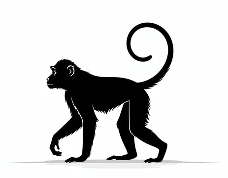Silhouette of a monkey walking with its tail curled upwards, a simple illustration on a white background