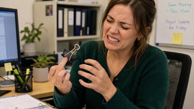 Young Businesswoman Grimacing in Pain After Pinching Finger with Binder Clip in Office
