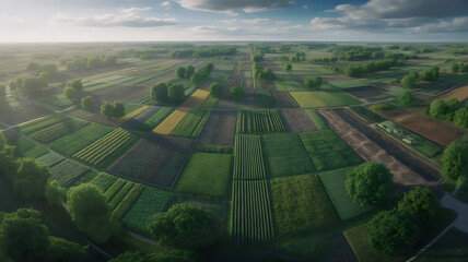 Fototapeta premium Regenerative agriculture landscape with sustainable farming patterns and biodiversity representing soil restoration and environmental conservation