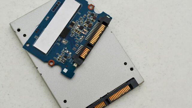Close-up of an SSD circuit board, showcasing the complexity and precision of modern storage technology.