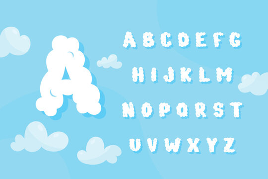 Alphabet letter A shaped as a bear with cloud letters on blue background for education