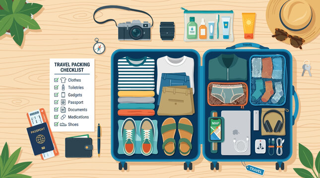 An open suitcase filled with folded clothing and essential travel items arranged neatly for a summer vacation trip abroad