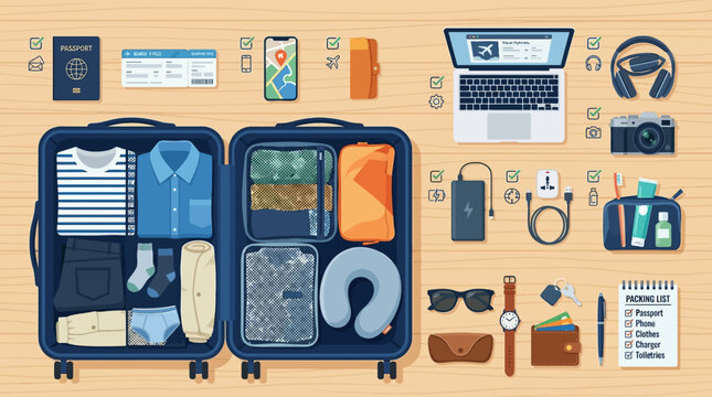 Open suitcase filled with organized travel clothes and essential vacation gear items arranged neatly on a light wooden surface background.