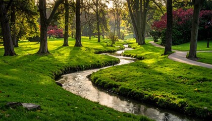 Fototapeta premium Winding Stream In A Sunlit Park Landscape With Lush Green Grass And Mature Trees During Golden Hour Under Soft Morning Light