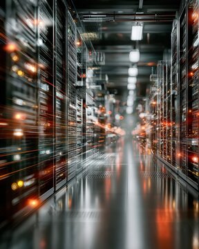 Futuristic data center interior glowing with blue LED lights as digital AI overlays monitor and secure massive server racks with sharp detail.