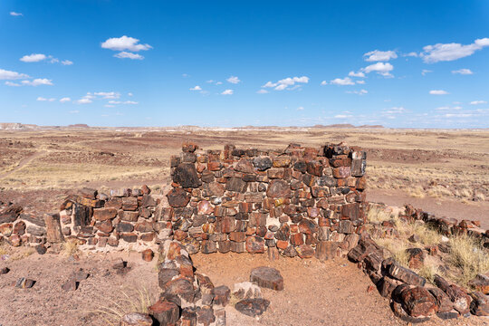 Agate House, reconstructed Puebloan building in Petrified Forest National Park, Arizona. Built almost entirely of petrified wood. Eight-room pueblo of agatized wood laid in a clay mortar.