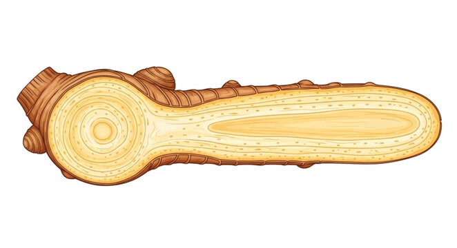Cross section of a ginger root showing its fibrous texture and rings.