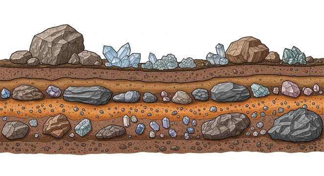 Cross section of earth showing layers of soil rocks and crystals.