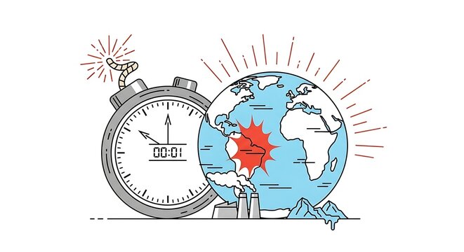 Illustrated Time Bomb Beside Cracked Earth Globe on White Background