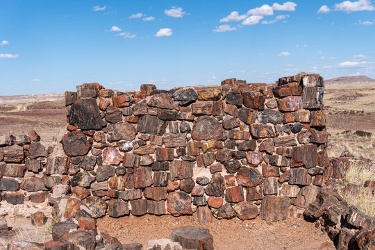 Agate House, reconstructed Puebloan building in Petrified Forest National Park, Arizona. Built almost entirely of petrified wood. Eight-room pueblo of agatized wood laid in a clay mortar.