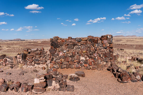 Agate House, reconstructed Puebloan building in Petrified Forest National Park, Arizona. Built almost entirely of petrified wood. Eight-room pueblo of agatized wood laid in a clay mortar.