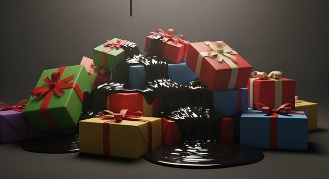 Pile of colorful gift boxes submerged in black liquid, concept of unexpected event or surprise