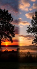Fototapeta premium Dramatic Split Sunset and Sunrise Landscape Over Misty Rural Lake and Trees