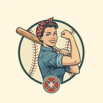 Woman holding baseball bat with raised arm retro style the background features