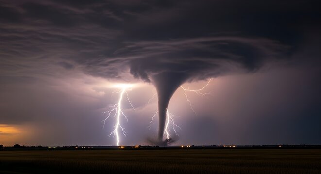 Dramatic Tornado Twister Under Dark Stormy Sky With Lightning Strikes Over Rural Landscape
