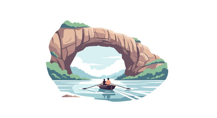 Couple Row Boat Under Natural Archway, Serene River Landscape © din
